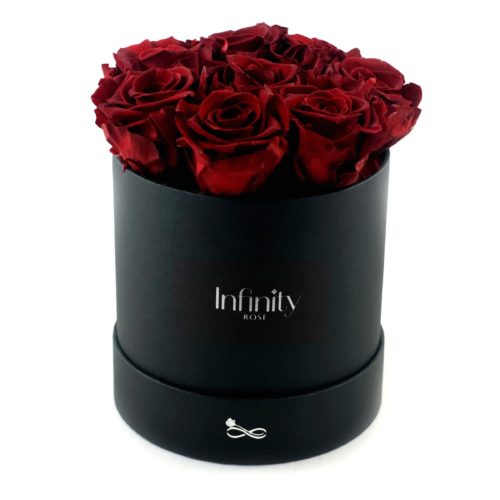Prezent na Walentynki Dzień Kobiet Urodziny kwiaty flowerbox czerwone impregnowane wieczne róże w czarnym dużym flower boxie pudełku ze srebrnym logo Infinity Rose