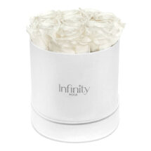 Białe wieczne róże w białym flower boxie Infinity Rose