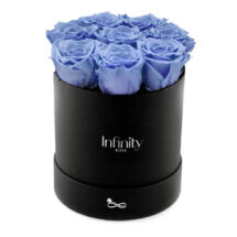 Błękitne niebieskie róże wieczne Infinity Rose w czarnym pudełku z srebrnymi elementami