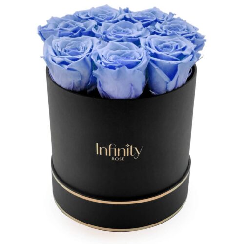 Błękitne niebieskie róże wieczne Infinity Rose w czarnym pudełku ze złotymi elementami