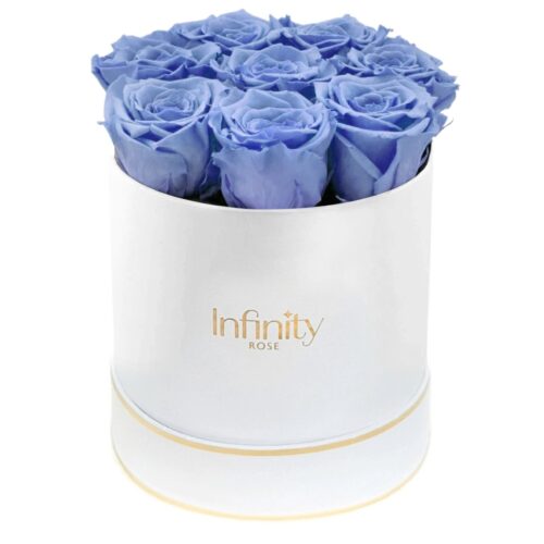 Błękitne niebieskie róże wieczne Infinity Rose w białym pudełku ze złotymi elementami