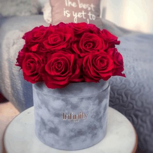 Wieczne róże czerwony flower box bukiet Velvet Collection złote logo Infinity Rose