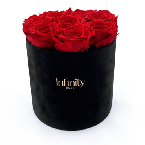Kompozycja czerwone róże wieczne i czarny welurowy flower box Infinity Rose ze złotym logo