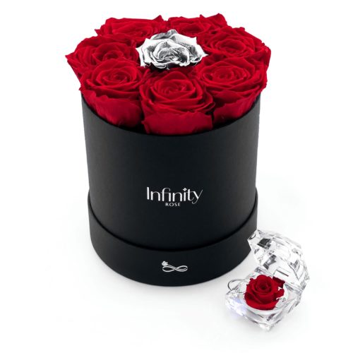 Szkatułka na pierścionek zaręczynowy czerwona wieczna róża w przezroczystym pudełku Infinity Rose - Vibrant Red i czarny flower box ze srebrną różą