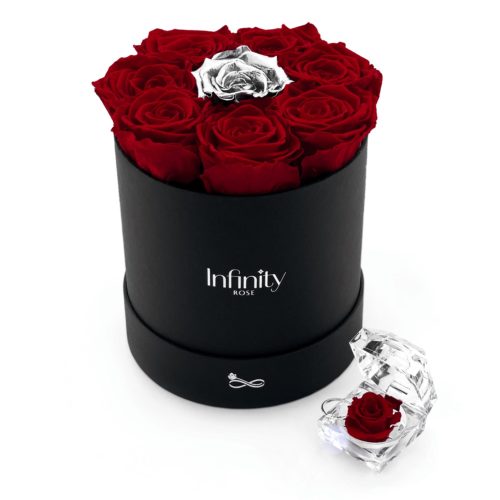 Szkatułka na pierścionek zaręczynowy burgundowa wieczna róża w przezroczystym pudełku Infinity Rose i czarny flower box ze srebrną różą