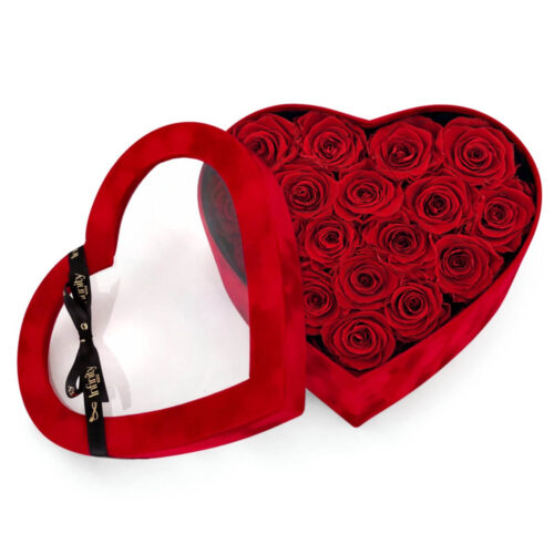Kompozycja czerwone róże wieczne i czerwony welurowy flower box w kształcie serca Infinity Rose ze złotym logo
