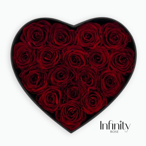 Kompozycja czerwone róże wieczne i czarny welurowy flower box XL z otwartą pokrywką w kształcie serca Infinity Rose ze złotym logo